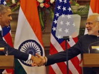 U.S. President Barack Obama, left and Indian Prime Minister Narendra Modi  shake their hands after they jointly addressed the media after their talks, in New Delhi, India. (AP Photo /Manish Swarup)