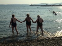 The elderly women go swimming for the first time