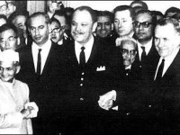 Lal Bahadur Shastri (Left), President Ayub Khan, and Premier Alexei Kosygin at Tashkent Declaration.