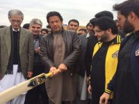 Imran Khan holding Peshawar Zalmi branded bat.